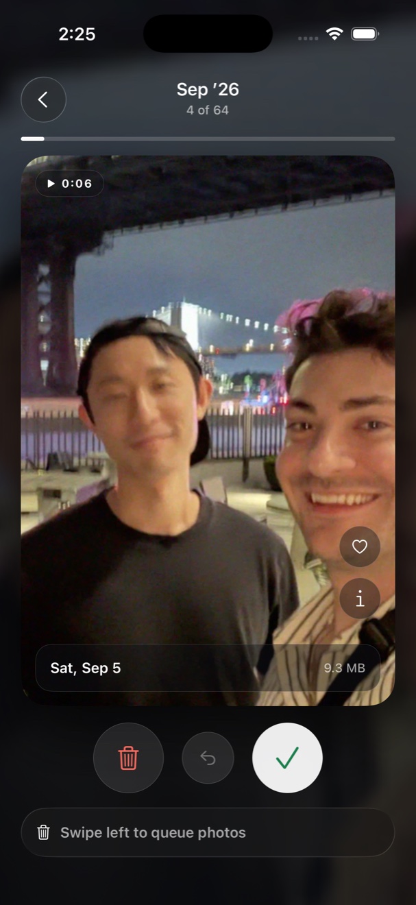 Swipe deck showing a photo card with keep and clear out buttons