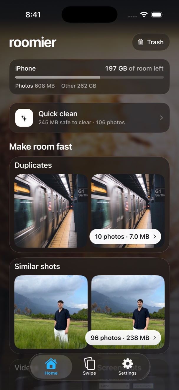 Home screen with the Make room fast list
